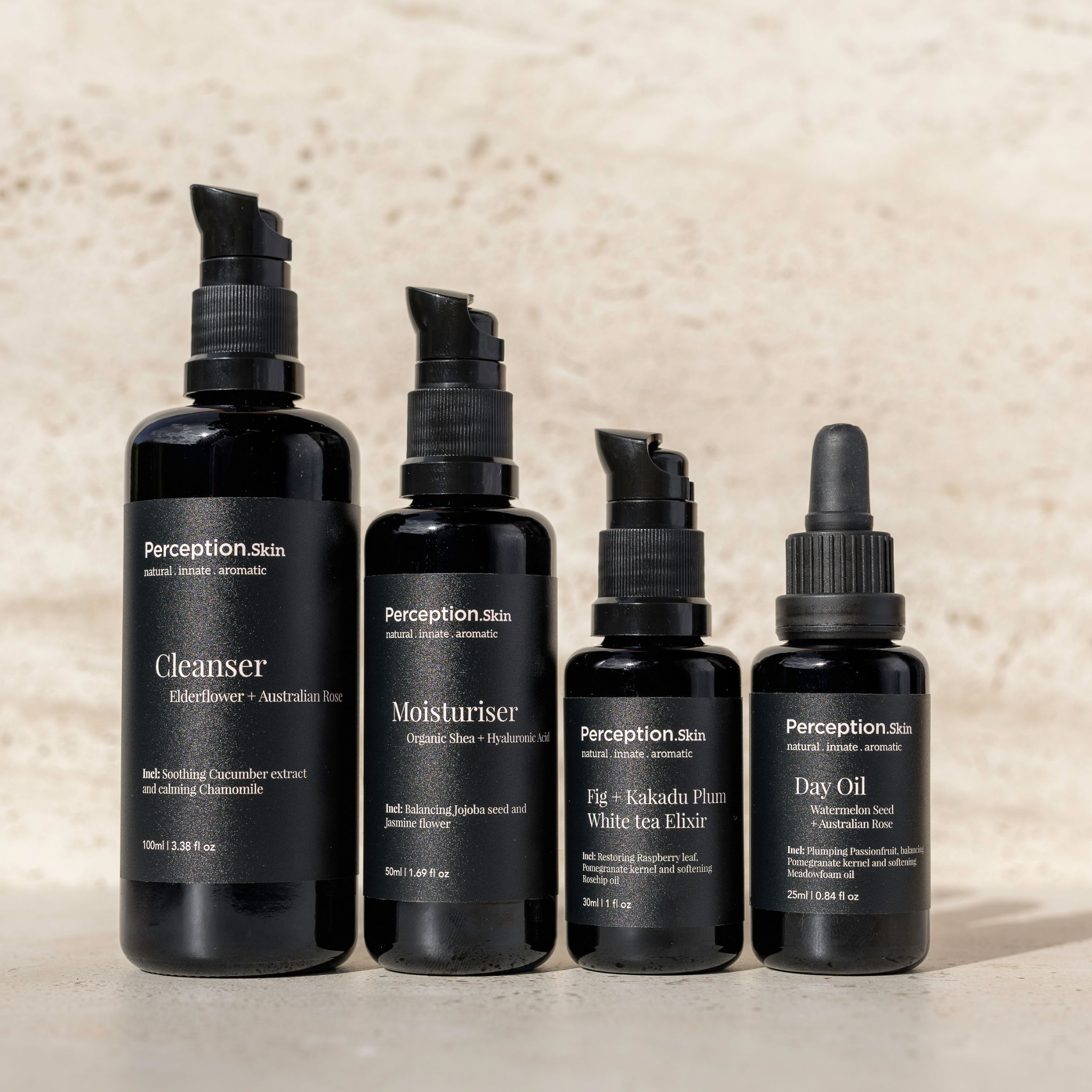 Set of Perception Skin skincare products on a neutral background