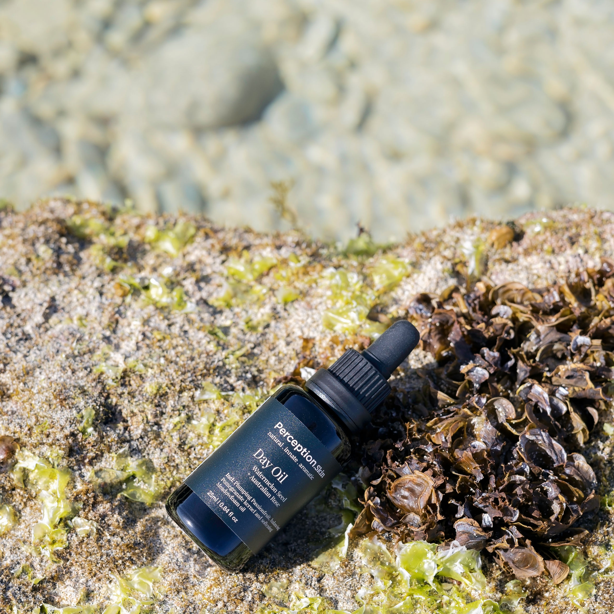 Day Oil Perception Skin sitting on coral and reef at the ocean