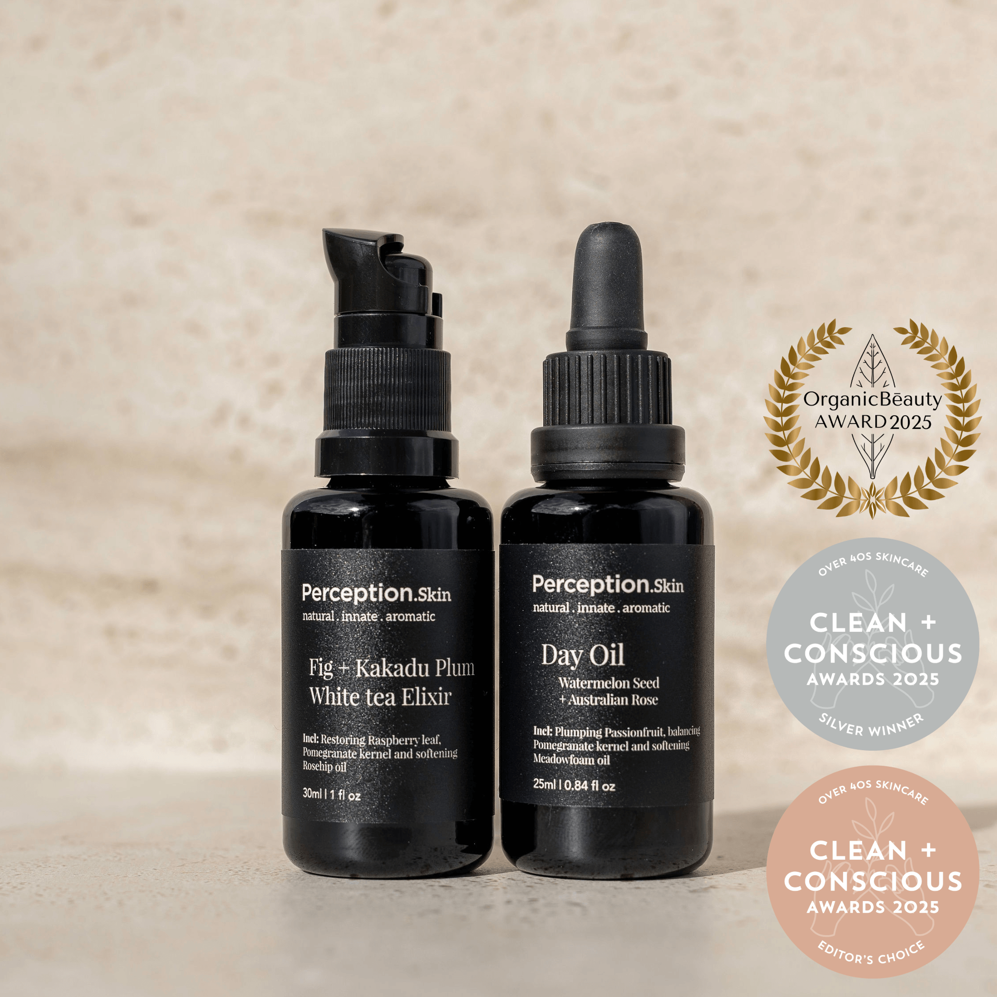 Two black Perception skincare bottles with labels on a beige background, featuring awards on the right.