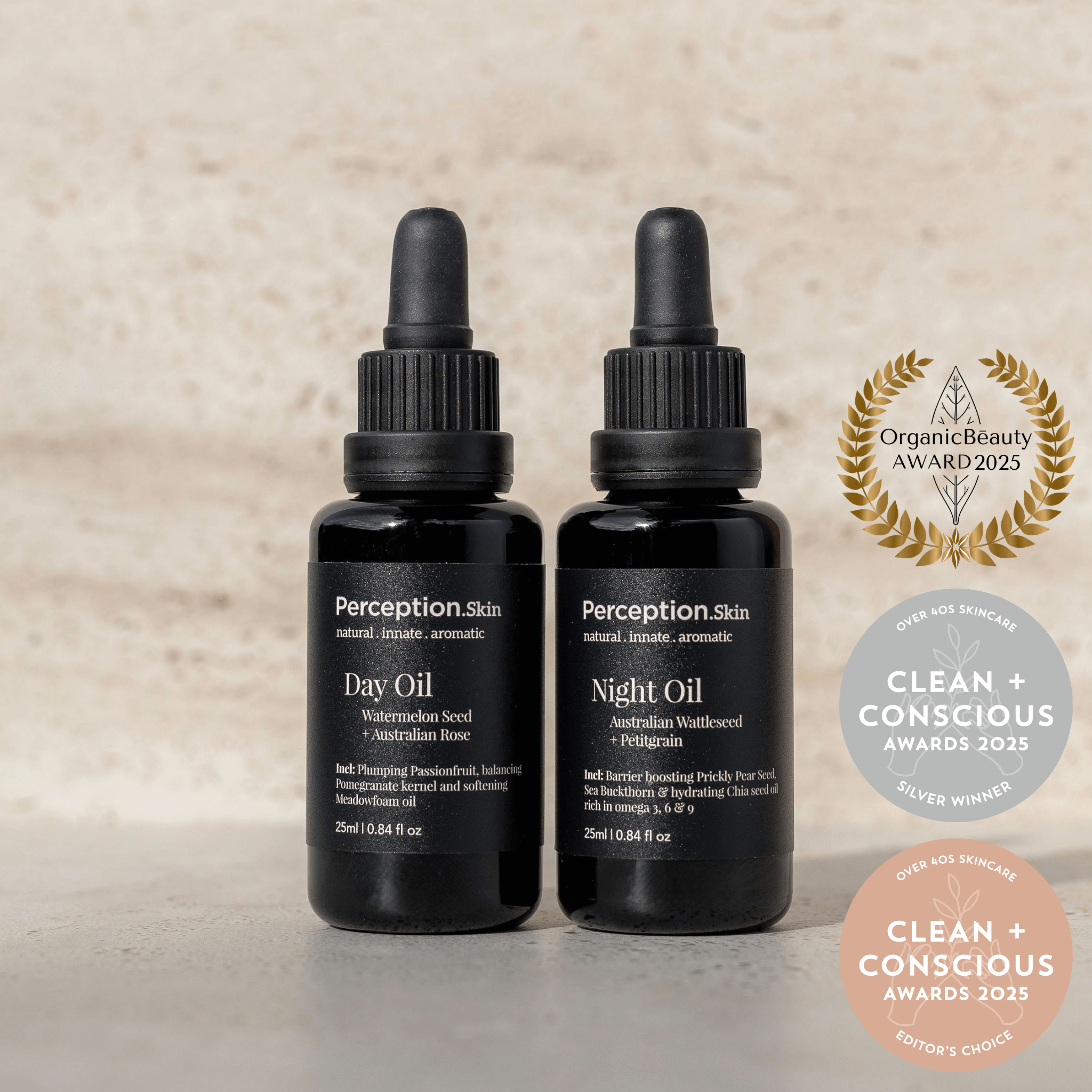 Two black Perception Skincare oil bottles with awards on a beige background
