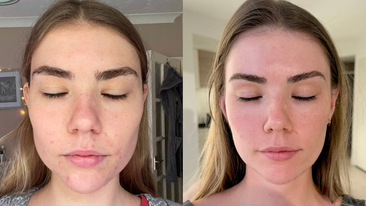 Before and after comparison of a woman's face with visible makeup changes.